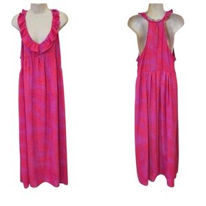 Gibson Look Hot Pink/Orange Multicolor Leaf Print Sleeveless Maxi Dress,X-Large